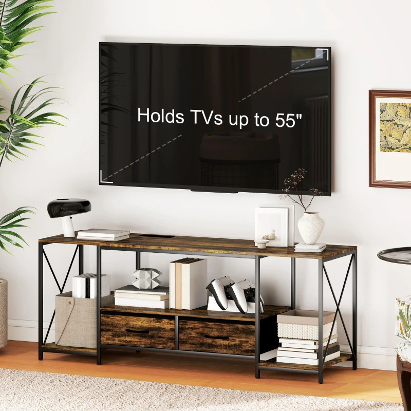 HOMCOM Industrial TV Stand for up to 55 Inch TV, TV Console with Charging Station and RGB LED Lights, Rustic Brown