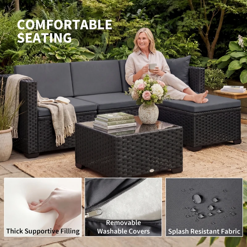 Outsunny 5 Piece Patio Furniture Set, L-Shape Wicker Outdoor Sectional with 3 Chairs, Ottoman, Glass Table, Cushions, Grey