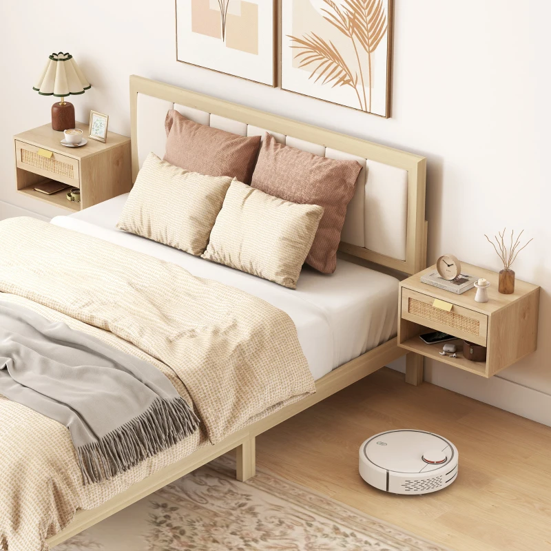 HOMCOM Floating Bedside Table Set of 2, Wall Mount Nordic Nightstands with Storage Drawer and Open Shelf for Bedroom, Oak