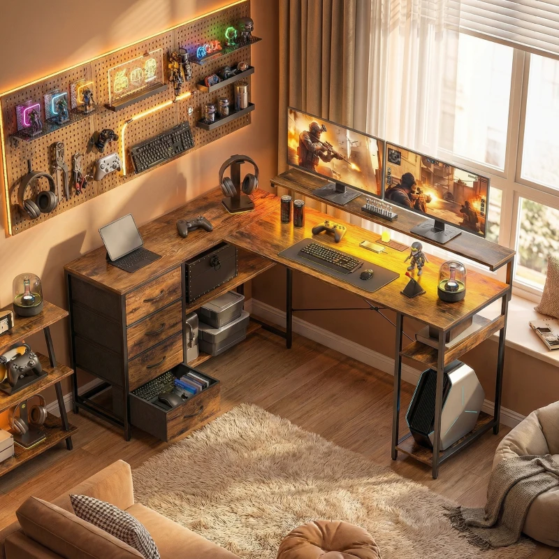 HOMCOM Gaming Desk with Power Outlets LED Lights Computer Desk with Drawers Monitor Stand 61" Rustic Brown