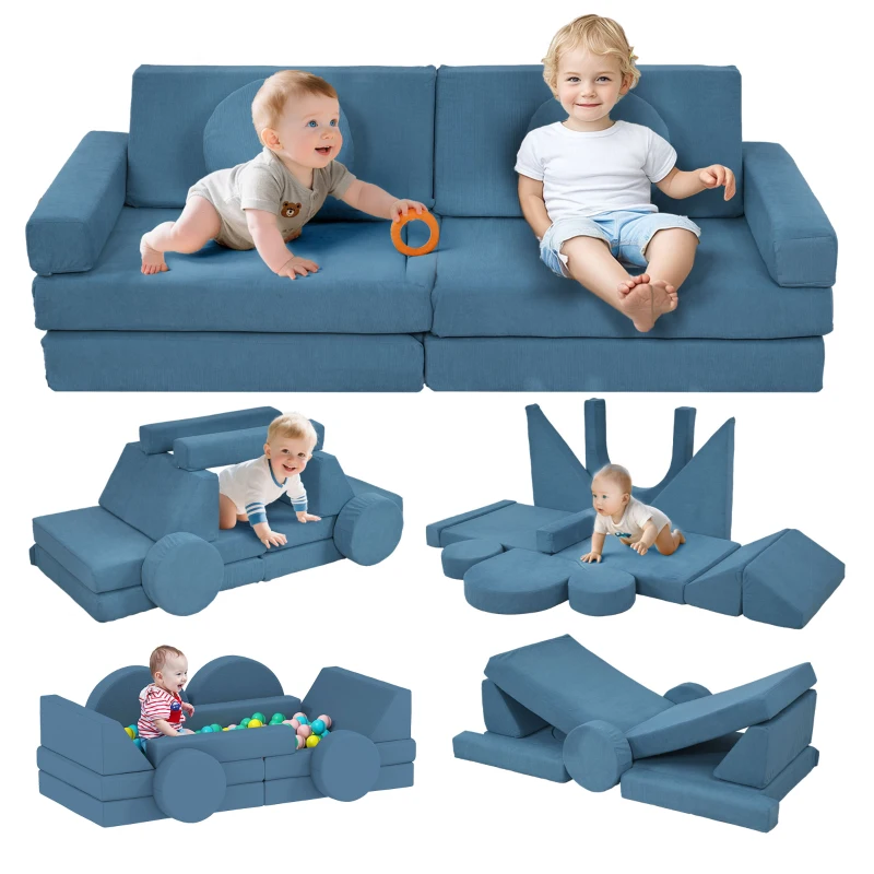Qaba 12-Piece Modular Kids Play Couch Building Fort for Playroom Bedroom, Convertible Kids Sofa, Blue