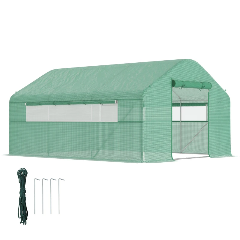 Outsunny 13' x 10' x 6.5' Tunnel Greenhouse Hoop House with Upgraded Galvanized Steel Frame and Large Windows, Green