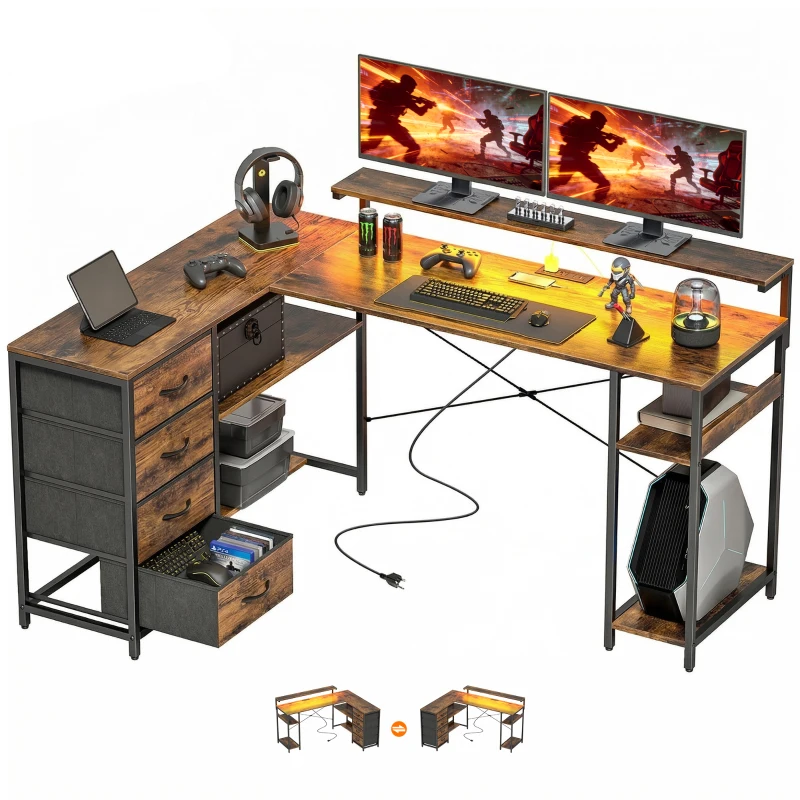 HOMCOM Gaming Desk with Power Outlets LED Lights Computer Desk with Drawers Monitor Stand 61" Rustic Brown
