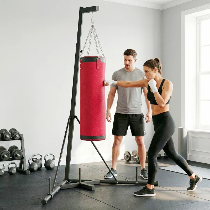 Soozier Punching Bag with Stand for Adults, 72.8"-90.9" Height Adjustable Freestanding Boxing Stand with Canvas Sandbag, Red
