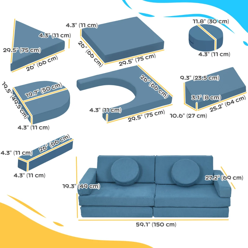 Qaba 12-Piece Modular Kids Play Couch Building Fort for Playroom Bedroom, Convertible Kids Sofa, Blue
