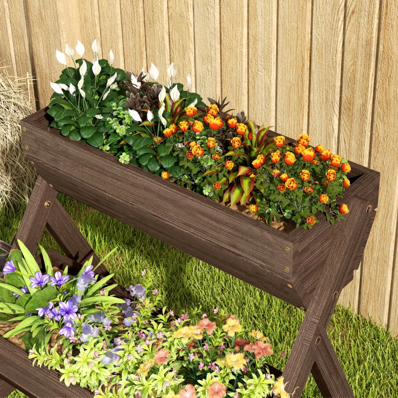 Outsunny 3 Tier Elevated Planter Box, Vertical Wooden Raised Garden Bed for Flowers, Vegetables, 26" x 30" x 30", Carbonized
