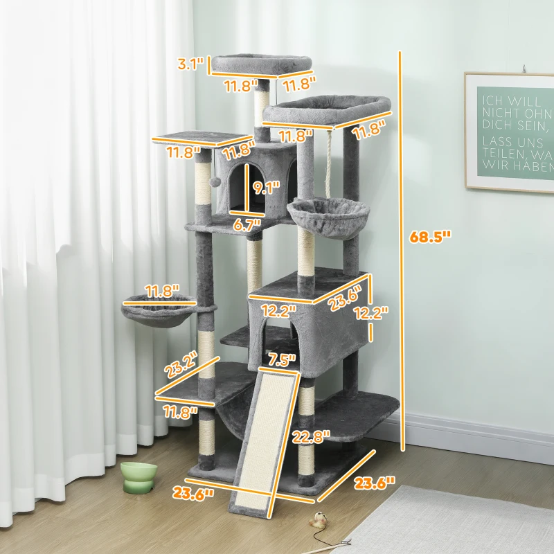 PawHut 69" Cat Tree, Multi-Level Cat Tower with 2 Condos and 3 Hammocks, 8 Scratching Posts, for Multiple Cats, Dark Gray