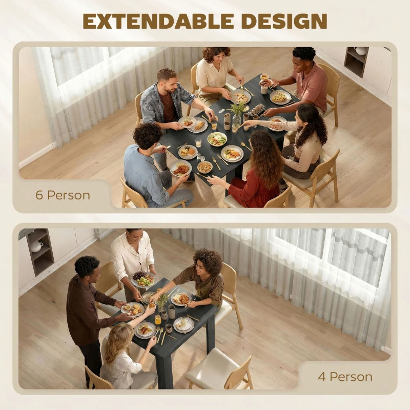 HOMCOM 55" Extendable Dining Table for 4-6 Person, Kitchen Table with PU Handle and Felt Pads for Small Spaces, Black