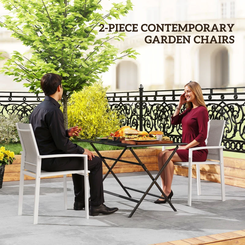 Outsunny Set of 2 Outdoor Garden Chairs, Stackable Patio Dining Chairs with Breathable Fabric, Armrests and Backrest, Light Grey