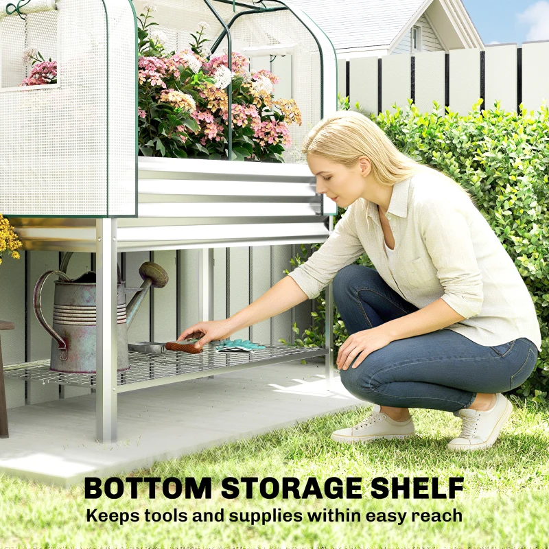 Outsunny Galvanised Raised Garden Bed with Greenhouse Cover, Metal Elevated Garden Bed with Bed Liner, Bottom Shelf, Silver