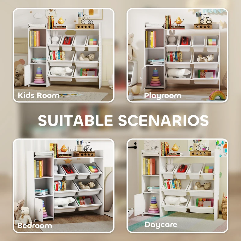 Qaba Kids Bookshelf and Toy Storage Organizer, Children Bookcase with 8 Removable Bins, Cabinet for Playroom, Kids Room, Nursery, White
