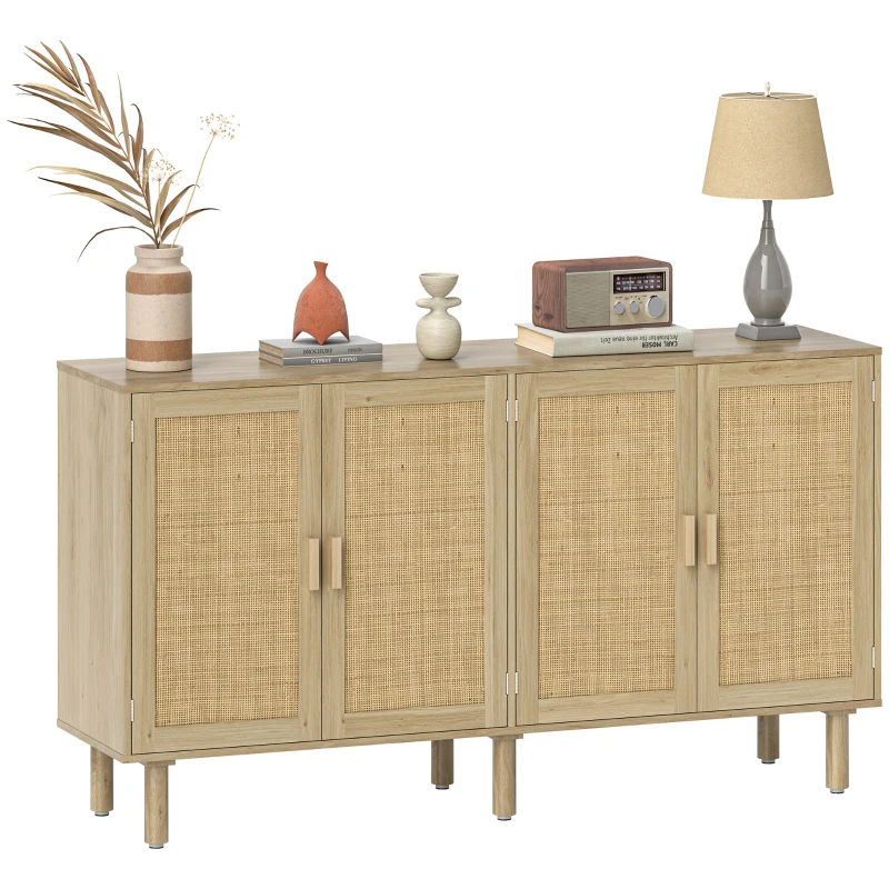 HOMCOM Bohemian Sideboard, 62.2" Buffet Cabinet with 4 Rattan Doors and Shelves for Living Room, Hallway, Natural