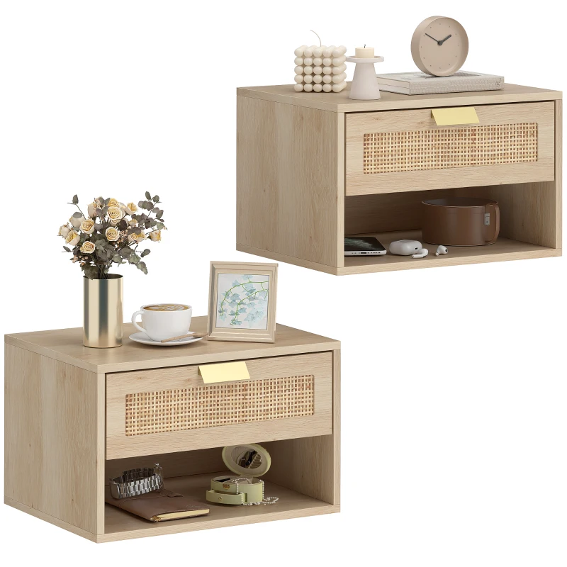 HOMCOM Floating Bedside Table Set of 2, Wall Mount Nordic Nightstands with Storage Drawer and Open Shelf for Bedroom, Oak