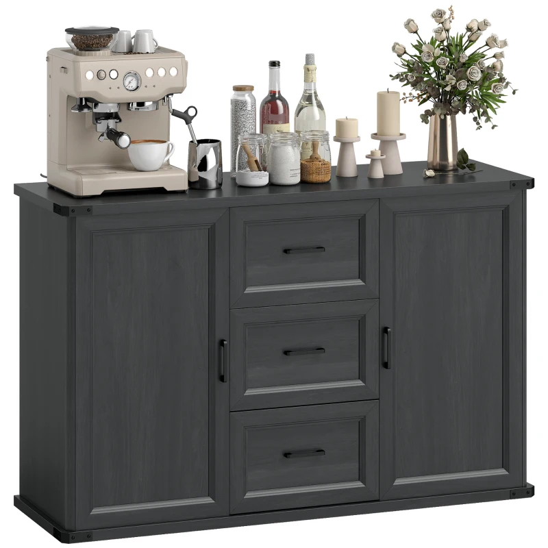 HOMCOM Sideboard with 3 Drawers and 2 Doors, 47" Buffet Cabinet with Adjustable Shelves for Kitchen, Black Wood Grain