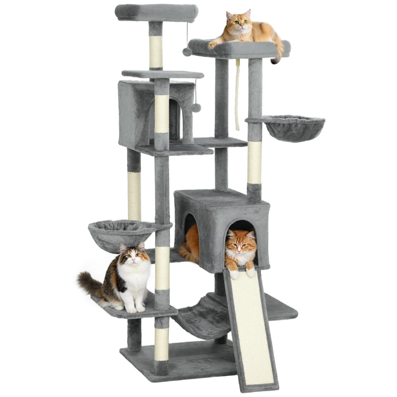 PawHut 69" Cat Tree, Multi-Level Cat Tower with 2 Condos and 3 Hammocks, 8 Scratching Posts, for Multiple Cats, Dark Gray