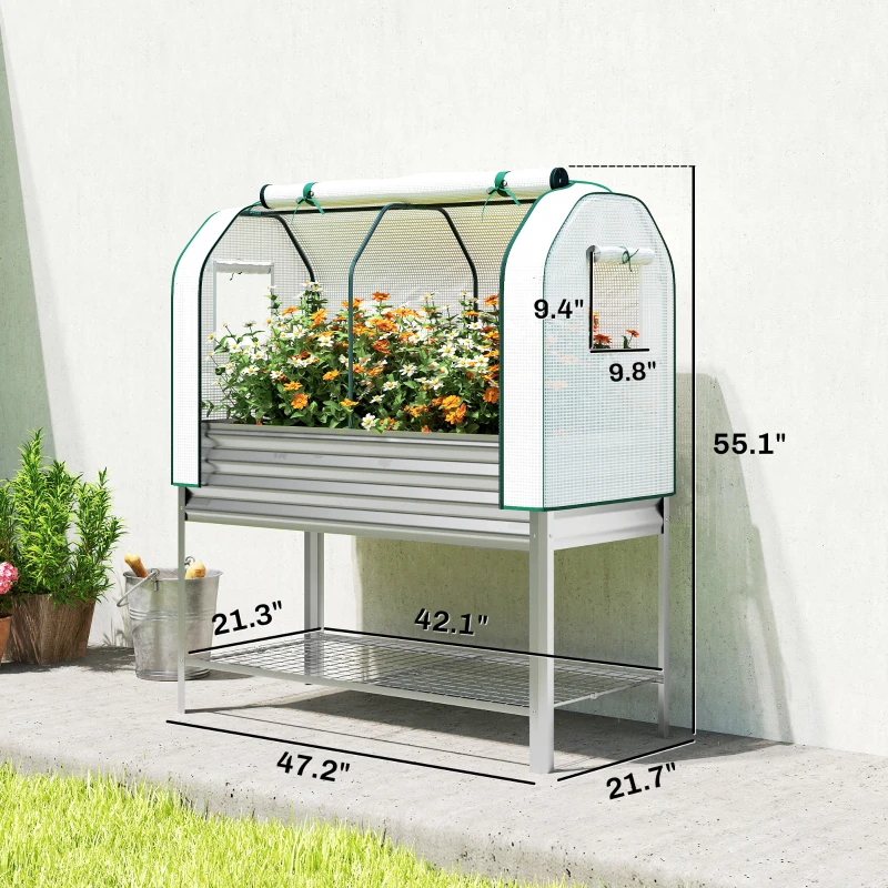 Outsunny Galvanised Raised Garden Bed with Greenhouse Cover, Metal Elevated Garden Bed with Bed Liner, Bottom Shelf, Silver