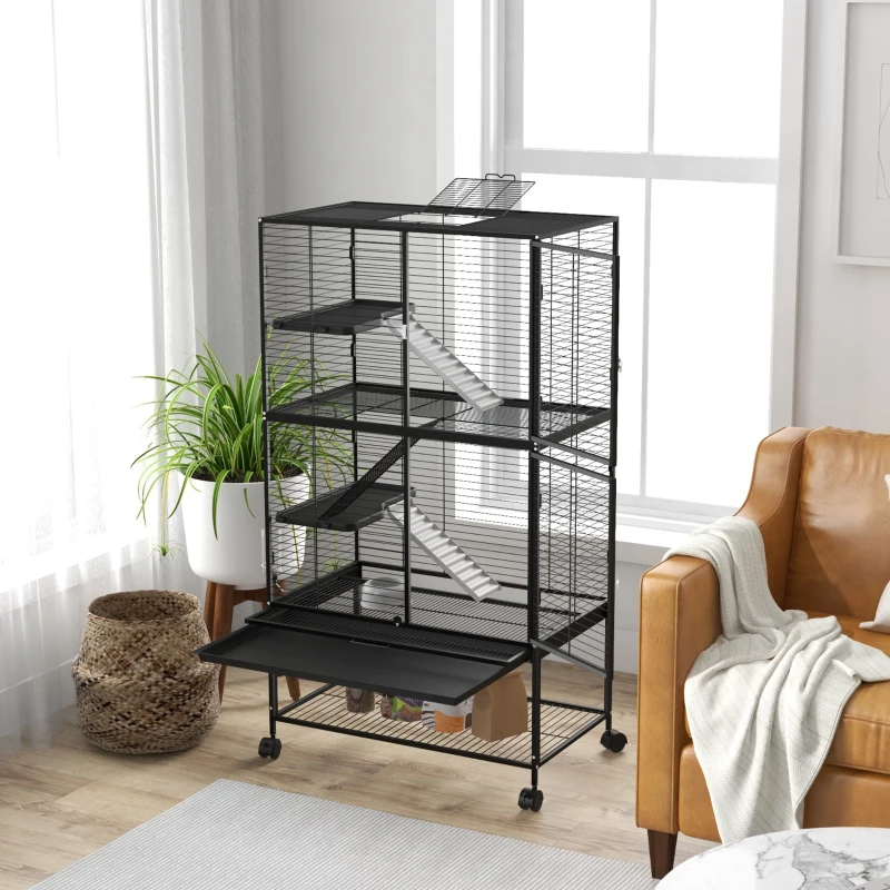 PawHut Rolling Small Animal Cage 54"H Chinchilla Cage for Ferrets, Squirrels w/ Removable Tray, Storage Shelf, Black