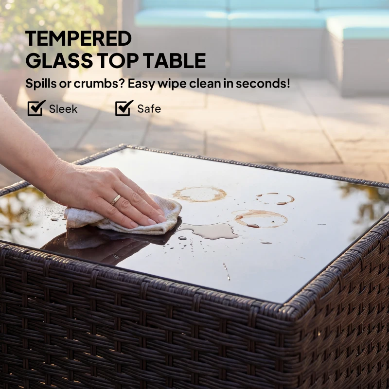 Outsunny 5 Piece Patio Furniture Set, L-Shape Wicker Outdoor Sectional with 3 Chairs, Ottoman, Glass Table, Cushions, Turquoise