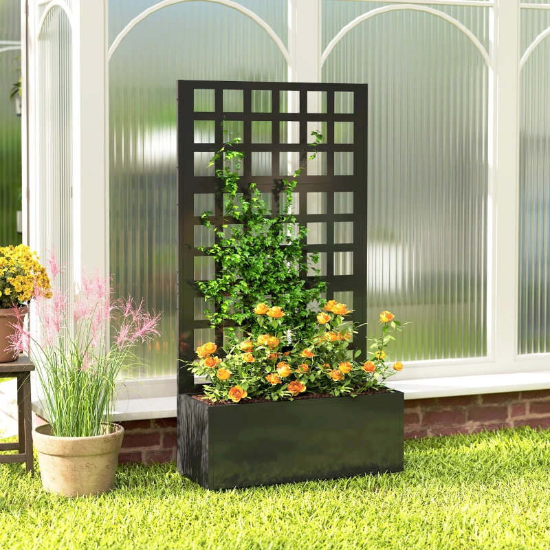 Outsunny Galvanized Raised Garden Bed Planter Box with Trellis for Climbing Plants, Vegetable, Vines, 24" x 9" x 44.5", Black