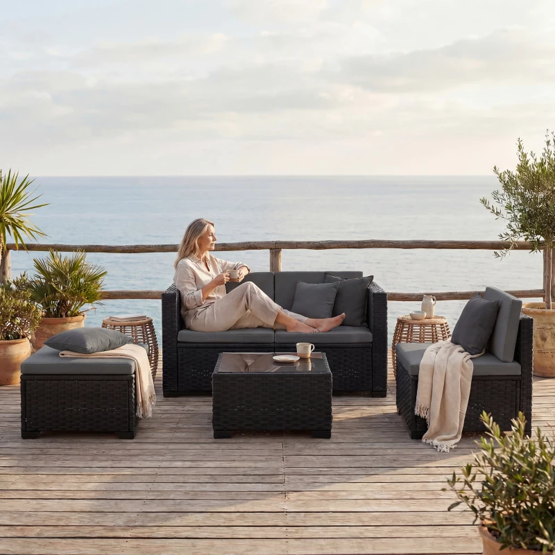 Outsunny 5 Piece Patio Furniture Set, L-Shape Wicker Outdoor Sectional with 3 Chairs, Ottoman, Glass Table, Cushions, Grey