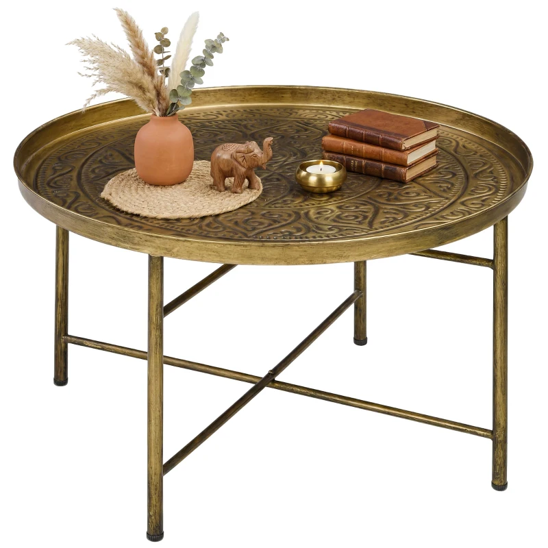 HOMCOM Coffee Table for Living Room, 24" Round Center Table with Hammered Tray Top and Metal Frame for Bedroom, Gold