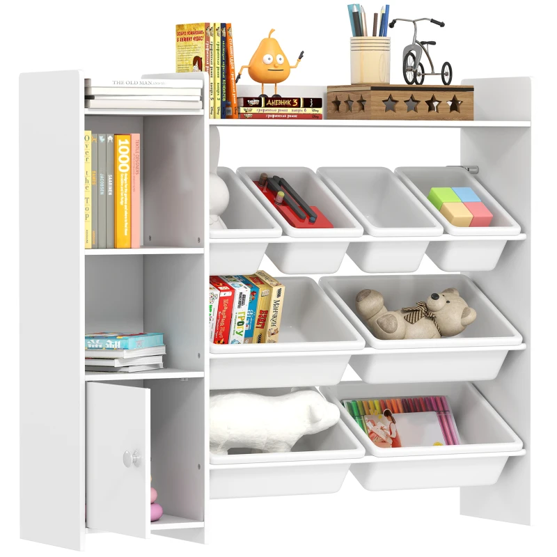 Qaba Kids Bookshelf and Toy Storage Organizer, Children Bookcase with 8 Removable Bins, Cabinet for Playroom, Kids Room, Nursery, White