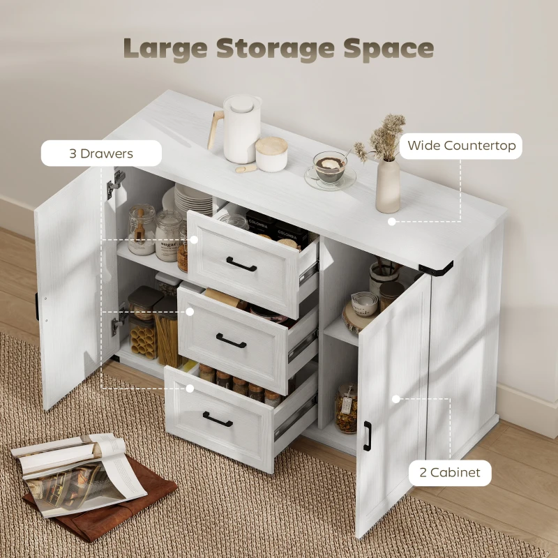 HOMCOM Sideboard with 3 Drawers and 2 Doors, 47" Buffet Cabinet with Adjustable Shelves for Kitchen, White Wood Grain