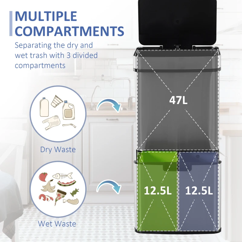 HOMCOM Sensor Trash Can, 19 Gallon Stainless Steel Kitchen Garbage Can with 3 Compartments, Removable Inner Buckets, Silver