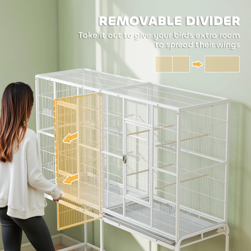 PawHut 64" Large Rolling Bird Cage Bird House with Detachable Rolling Stand, Storage Shelf, Wood Perch Food Container, White