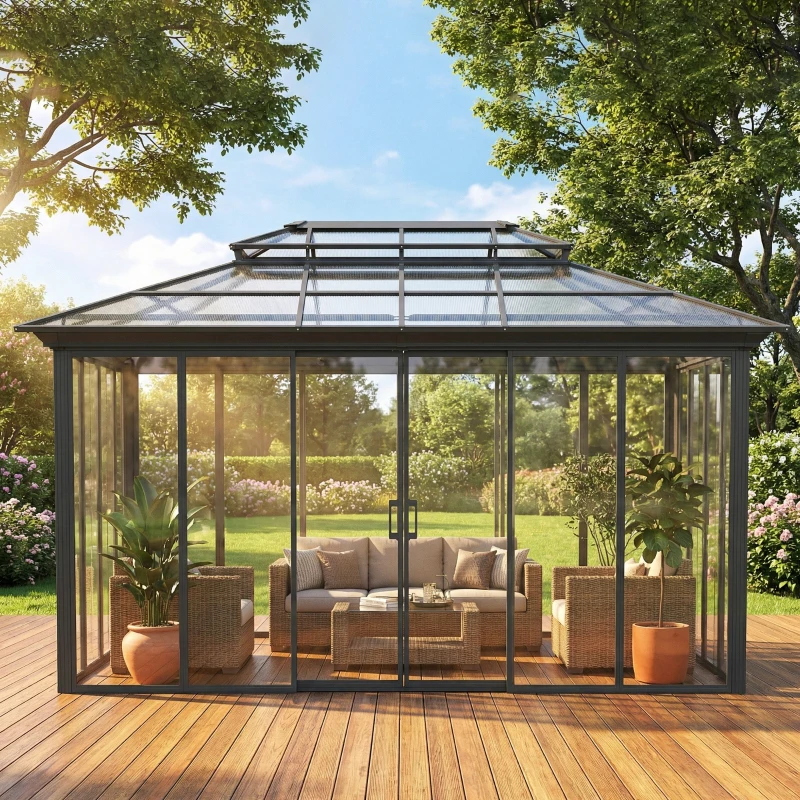 Outsunny 10' x 14' Outdoor Hardtop Gazebo, Aluminum Sun Room Solarium with Sliding Doors, Double Roof Patio Gazebo, Dark Grey