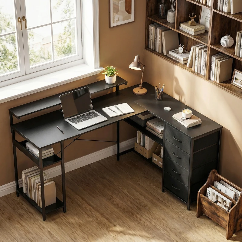 HOMCOM Gaming Desk with Power Outlets LED Lights Computer Desk with Drawers Monitor Stand 61" Black