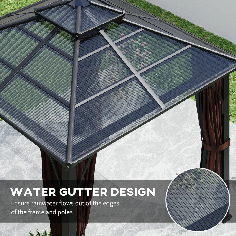 Outsunny 10' x 10' Hardtop Gazebo with 7mm Double Polycarbonate Roof, Outdoor Gazebo with Netting and Curtains, Coffee