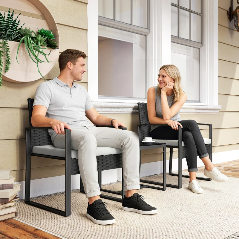 Outsunny Outdoor Bistro Set, 3 Piece Wicker Patio Furniture Set with Glass Top Table and Cushions for Porch, Balcony, Cream White