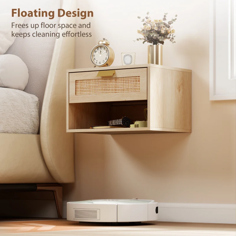 HOMCOM Floating Bedside Table Set of 2, Wall Mount Nordic Nightstands with Storage Drawer and Open Shelf for Bedroom, Oak