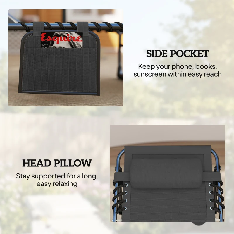 Outsunny Outdoor Chaise Lounge Chairs, 2 PCS Folding Lounge Chairs with Adjustable 5-Position, Cushion, Canopy, Side Pocket