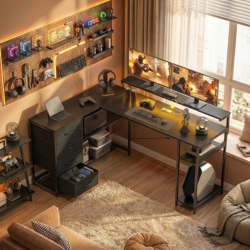 HOMCOM Gaming Desk with Power Outlets LED Lights Computer Desk with Drawers Monitor Stand 61" Black