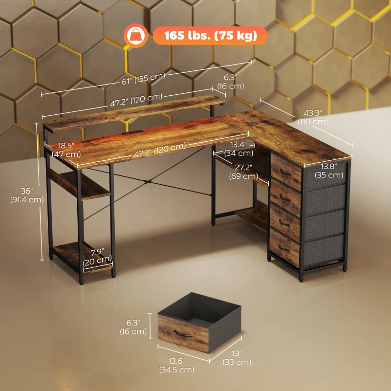 HOMCOM Gaming Desk with Power Outlets LED Lights Computer Desk with Drawers Monitor Stand 61" Rustic Brown