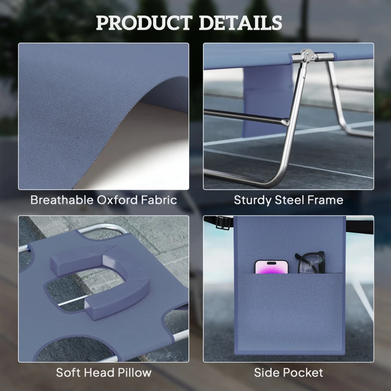 Outsunny Tanning Chair with Face Hole, 5-Level Adjustable Outdoor Chaise Lounge Chair with Pillow for Beach, Pool, Gray