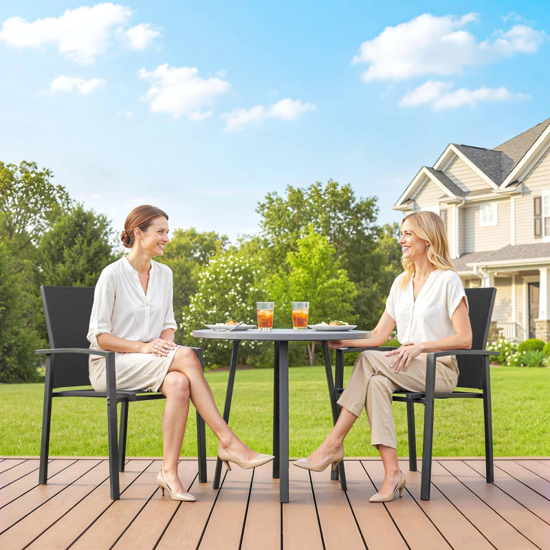 Outsunny Set of 2 Outdoor Garden Chairs, Stackable Patio Dining Chairs with Breathable Fabric, Armrests and Backrest, Black