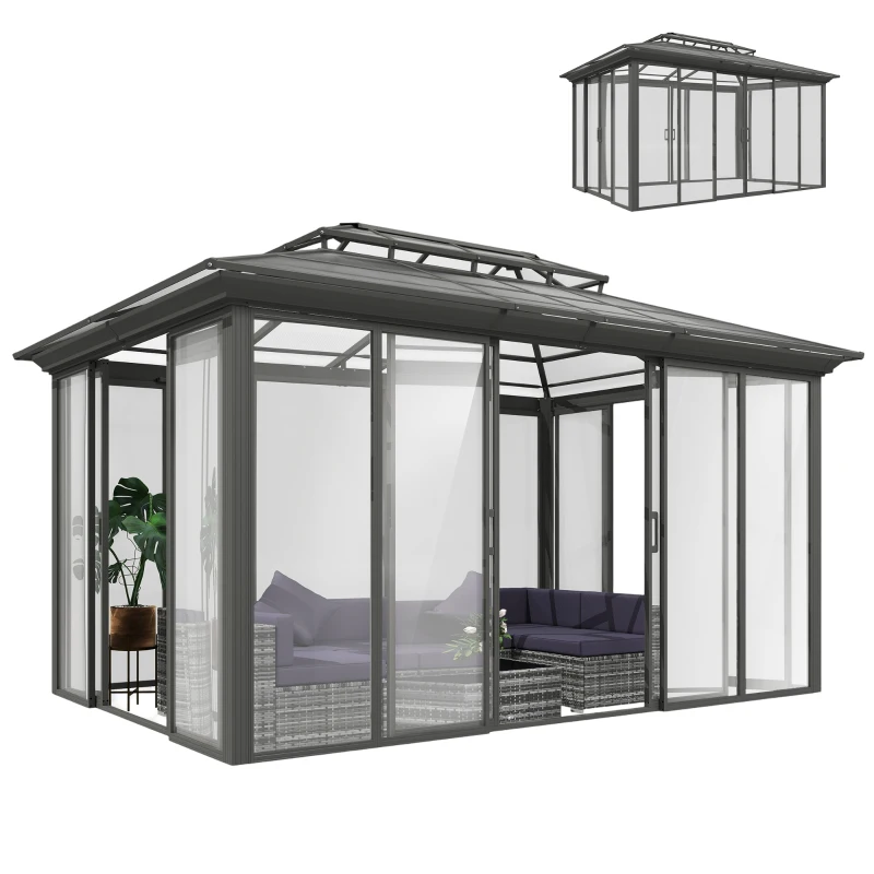 Outsunny 10' x 14' Outdoor Hardtop Gazebo, Aluminum Sun Room Solarium with Sliding Doors, Double Roof Patio Gazebo, Dark Grey