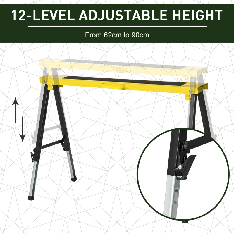 HOMCOM Saw Horse Twin Pack Folding Workbench Adjustable Metal Trestle Stands Yellow