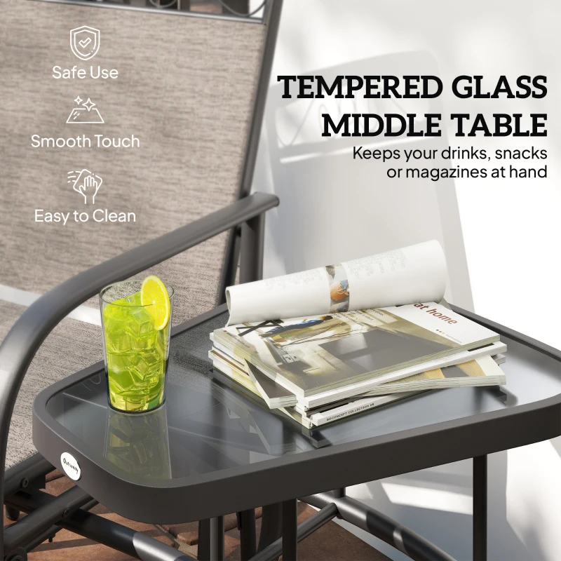 Outsunny Outdoor Glider Chairs with Coffee Table, Patio 2-Seat Rocking Chair Swing with Breathable Sling for Backyard, Garden and Porch, Brown