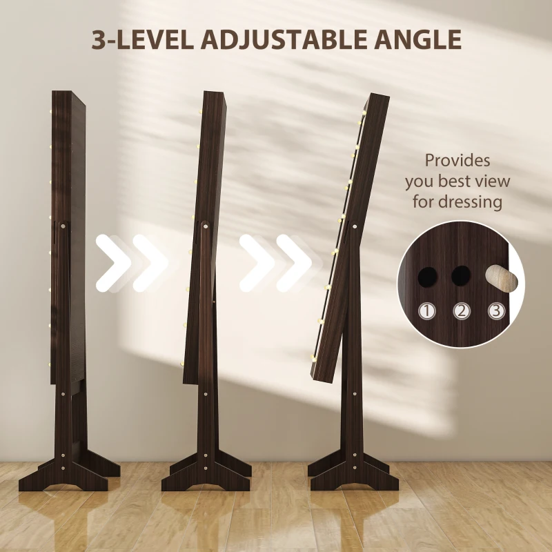 HOMCOM Free Standing Armoire Organizer, Lighted Mirrored Jewelry Cabinet w/ Angle Adjustable & 16 LED Lights, Dark Brown