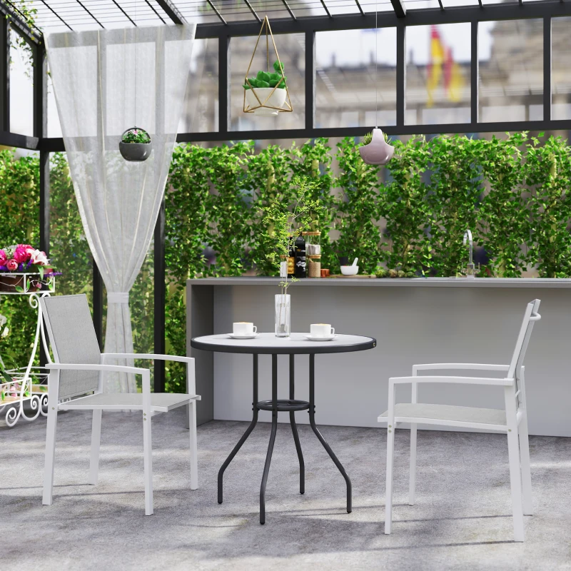 Outsunny Set of 2 Outdoor Garden Chairs, Stackable Patio Dining Chairs with Breathable Fabric, Armrests and Backrest, Light Grey