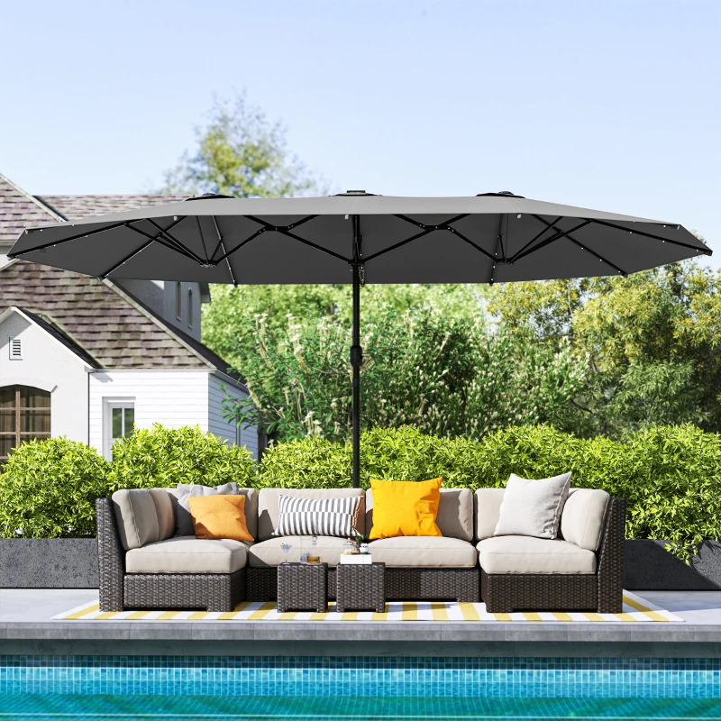Outsunny Garden Parasol 14.4ft Double-Sided Sun Umbrella with Base, Patio Parasol with LED Solar Lights, Gray