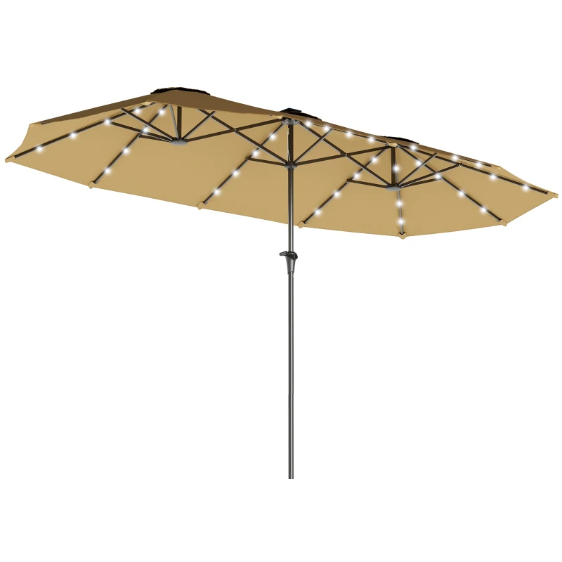 Outsunny 13ft Double-Sided Market Umbrella, Large Patio Umbrella with Solar Lights, Crank Handle for Garden, Pool, Yard, Khaki
