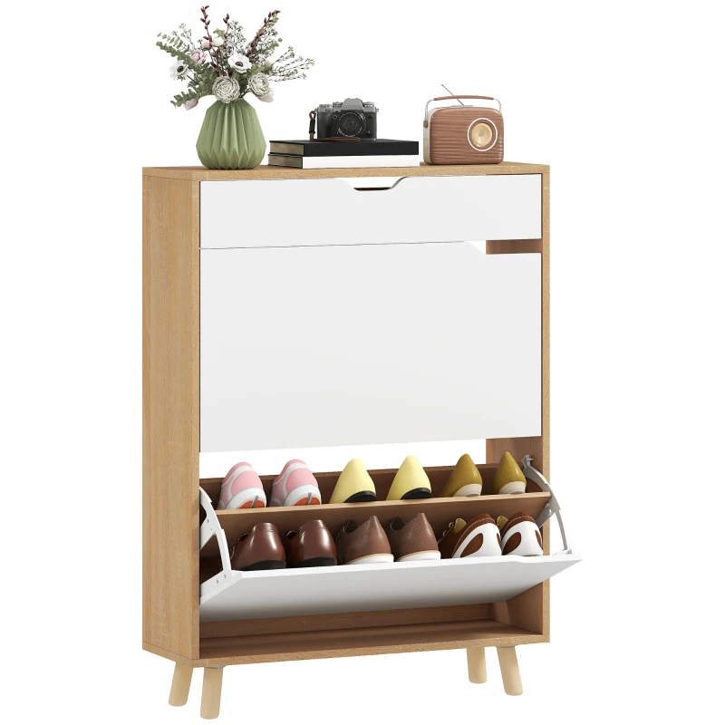 HOMCOM Narrow Shoe Cabinet for Entryway with 2 Flip Drawers, Top Drawer and Adjustable Shelves for 12 Pairs of Shoes, White