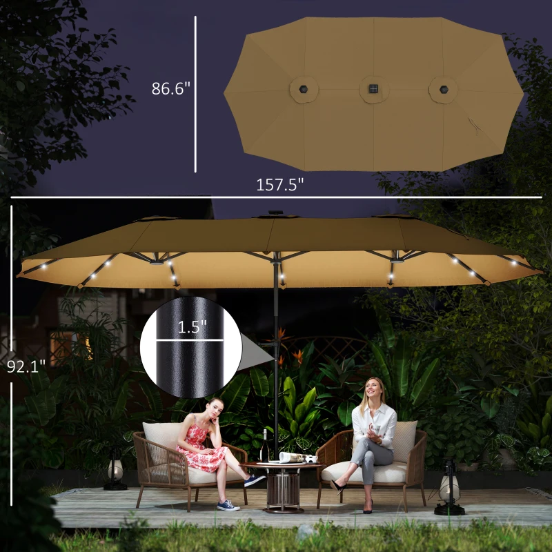 Outsunny 13ft Double-Sided Market Umbrella, Large Patio Umbrella with Solar Lights, Crank Handle for Garden, Pool, Yard, Khaki