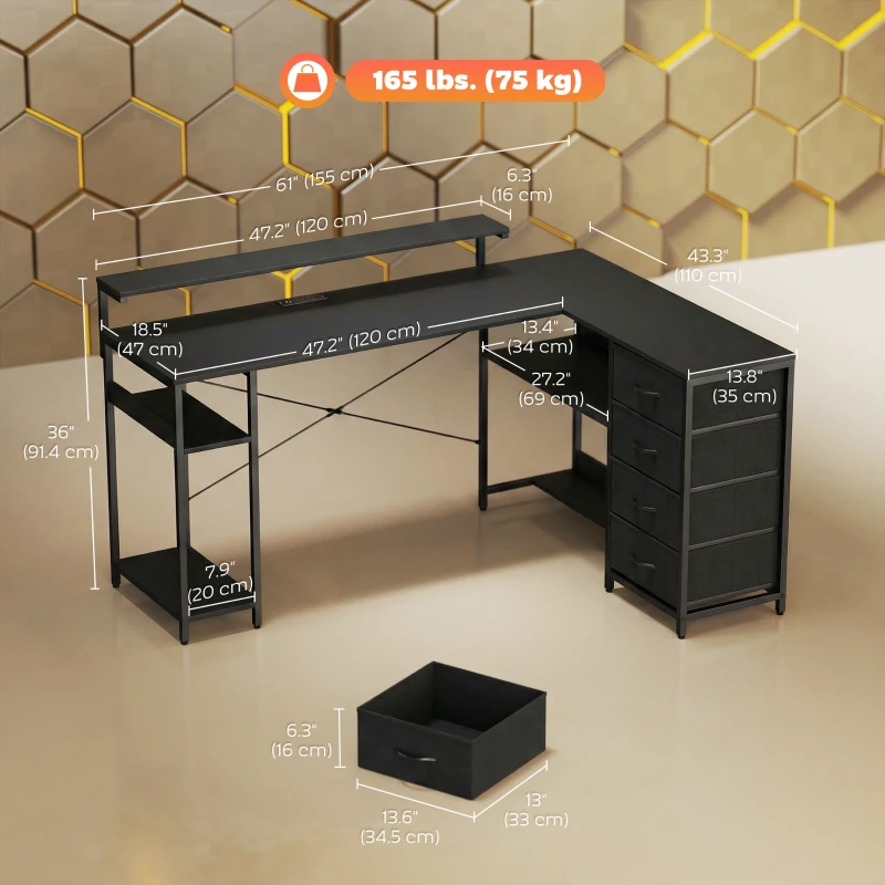 HOMCOM Gaming Desk with Power Outlets LED Lights Computer Desk with Drawers Monitor Stand 61" Black