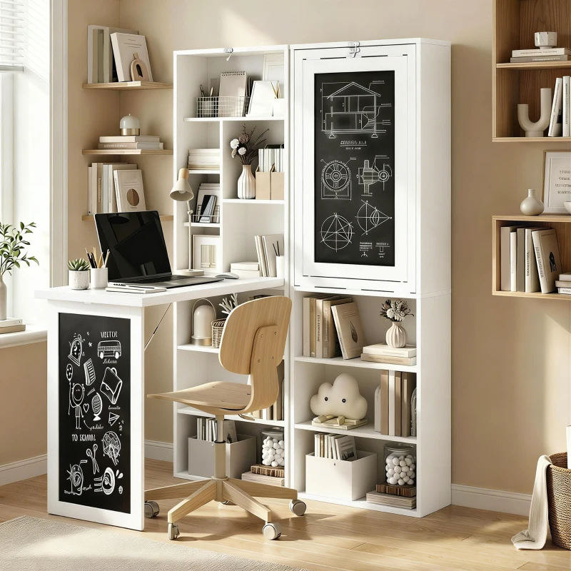 HOMCOM Fold-out Convertible Office Desk, Wall Mount Computer Desk with Blackboard and Side Shelf, White